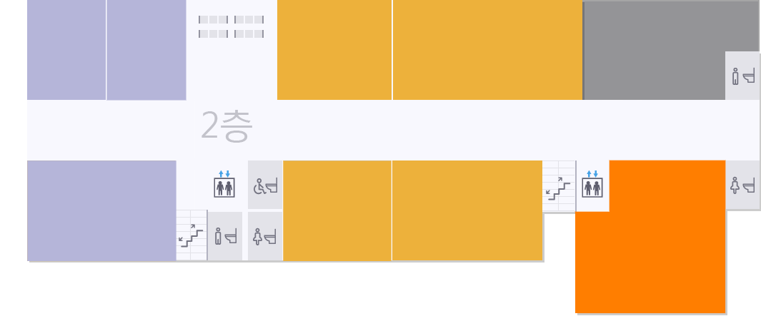 충청북도 종합사회복지센터 2층 안내도 - 1층 정문쪽 엘리베이터를 기준으로 좌측부터 시계방향으로 계단, 202호 교육장, 203호 미래복지 개발원, 204호 충북노인복지협회, 휴게공간, 205호 교육장, 206호 교육장, 화장실, 207호 대회의실, 엘리베이터, 계단, 208호 교육장, 209호 교육장, 장애인화장실, 화장실이 있습니다.