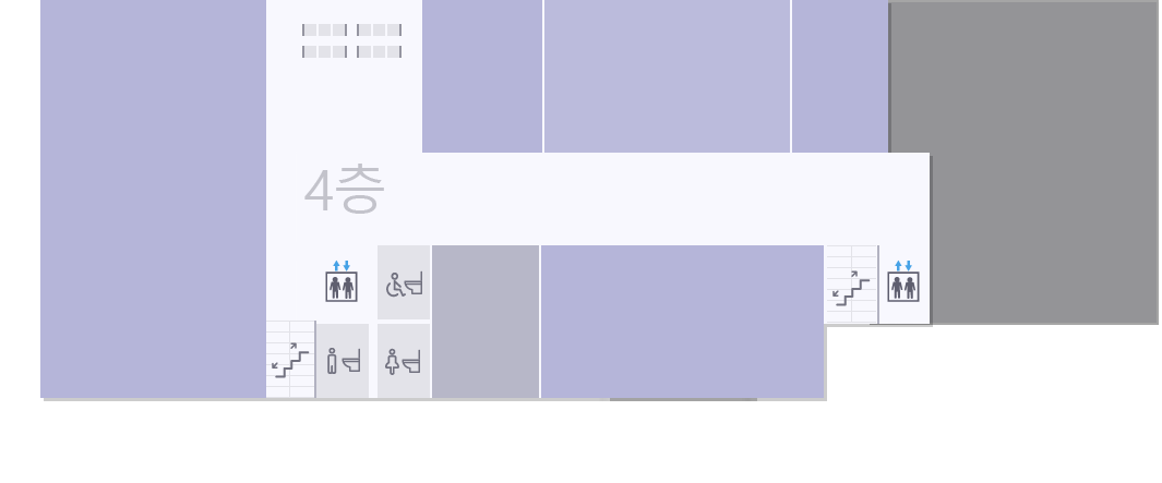 충청북도 종합사회복지센터 4층 안내도 - 정문쪽 엘리베이터를 기준으로 좌측부터 시계방향으로 계단, 403호 충북사회복지 공동모금회, 휴게공간, 402호 충북사회복지사협회, 405호 한국장애인부모회 충북지회, 407호 충북아동복지 연합회, 엘리베이터, 계단, 408호 충북노인복지 시설협회, 409호 충북어린이집 연합회, 410호 충북육아 종합지원센터, 물품실, 장애인화장실, 화장실이 있습니다.