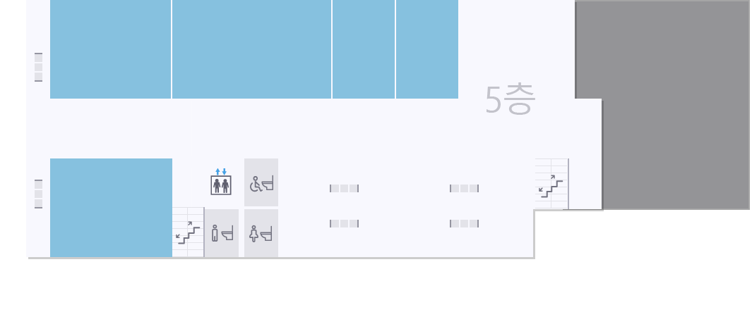 충청북도 종합사회복지센터 5층 안내도 - 정문쪽 엘리베이터를 기준으로 좌측부터 시계방향으로 계단, 502호 충북 수화통역센터 지역지원본부, 501호 한국 농아인협회 충북협회, 옥상휴게공간, 506호 정보화센터, 505호 무지개도서관, 504호 점자인쇄실, 503호 녹음제작실, 계단, 옥상휴게공간, 장애인화장실, 화장실이 있습니다.